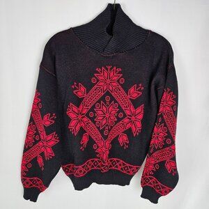 Vintage Comfortably Yours Black & Red Acrylic Sweater USA-Made Nordic Winter